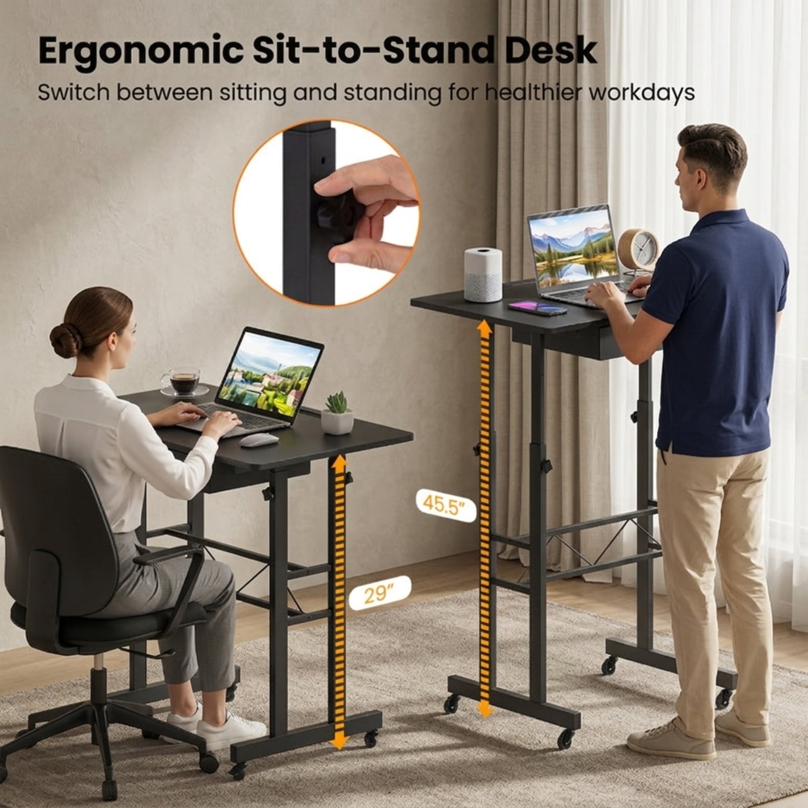 Furnibear Height Adjustable Standing Laptop Desk with Fabric Drawer Tablet Holder Lockable Wheels and Sit Stand Design for Home Office, Black