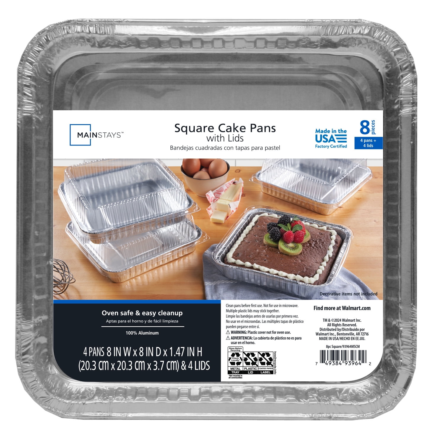 (3 pack) Mainstays 8" Aluminum Square Cake Pans with Lids, 4 Count