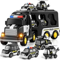 CEDQ Kids Police Truck Toy with Music for 3-9 Years Boys&Girls - 5 in 1 Black Carrier Vehicle Toy Set with 3 Small Cars 1 Helicopter,Friction Powered Car Toys  for Baby,Birthday Gifts for Toddlers