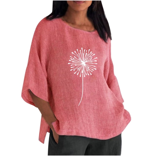 Moda mujer Casual manga tres cuartos cuello redondo algodón Lino impreso sólido Tops blusa Pompotops FGAJ3051