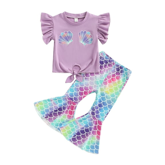 Toddler Kid Baby Girls Outfits Fly Sleeve Shell Crop Tops T-Shirt Mermaid Flared Pants Summer Birthday Clothes 1Y 2Y 3Y 4Y 5Y 6Y