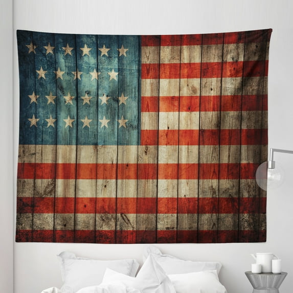 American Tapestry, Fourth of July Independence Day Painted Old Wooden Rustic Background Patriot, Fabric Wall Hanging Decor for Bedroom Living Room Dorm, 5 Sizes, Blue Red Pale Brown, by Ambesonne