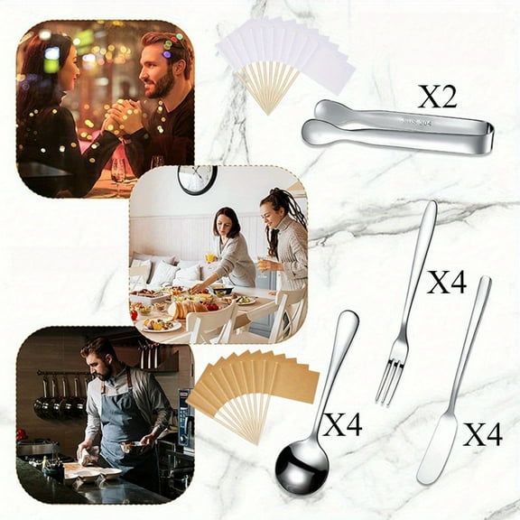 Charcuterie Accessories Set - Stainless Steel Cheese & Butter Spreader Knives with Mini Serving Tongs, Spoons and Forks for Appetizers, Pastry Boards (Silver)