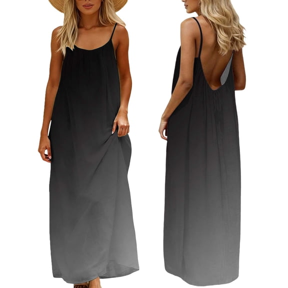 Makaor Backless Dresses for Women Shift Maxi Dresses Plus Size Sleeveless Spaghetti Strap Dress Gradient Scoop Neck Beach Vacation Clothes Black 3XL