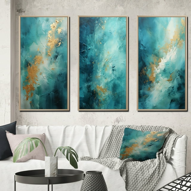 Designart "Turquoise Calm IV" Abstract Landscape Framed Wall Art Set Of 3 - Teal Landscapes Frame Canvas Set For Living Room Decor