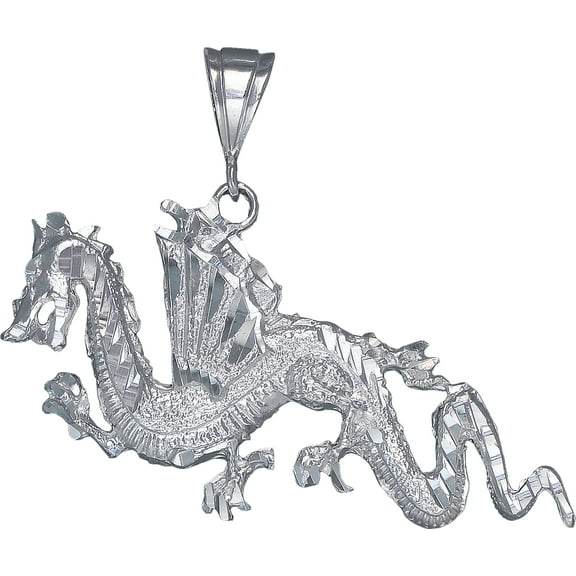 Large Heavy Sterling Silver Dragon Pendant Necklace 2.6 Inches 19 Grams with Diamond Cut Finish and 24 Inch Figaro Chain