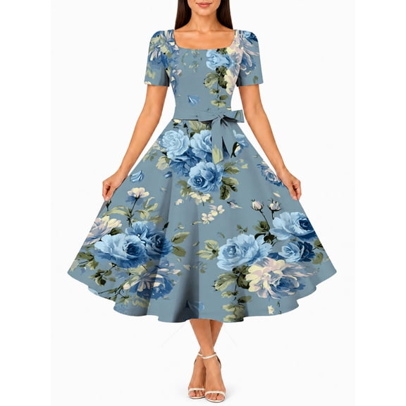 Women'S Elegant Blue Rose Midi Dress Square Neck Short Sleeve Belted Swing Party Dress