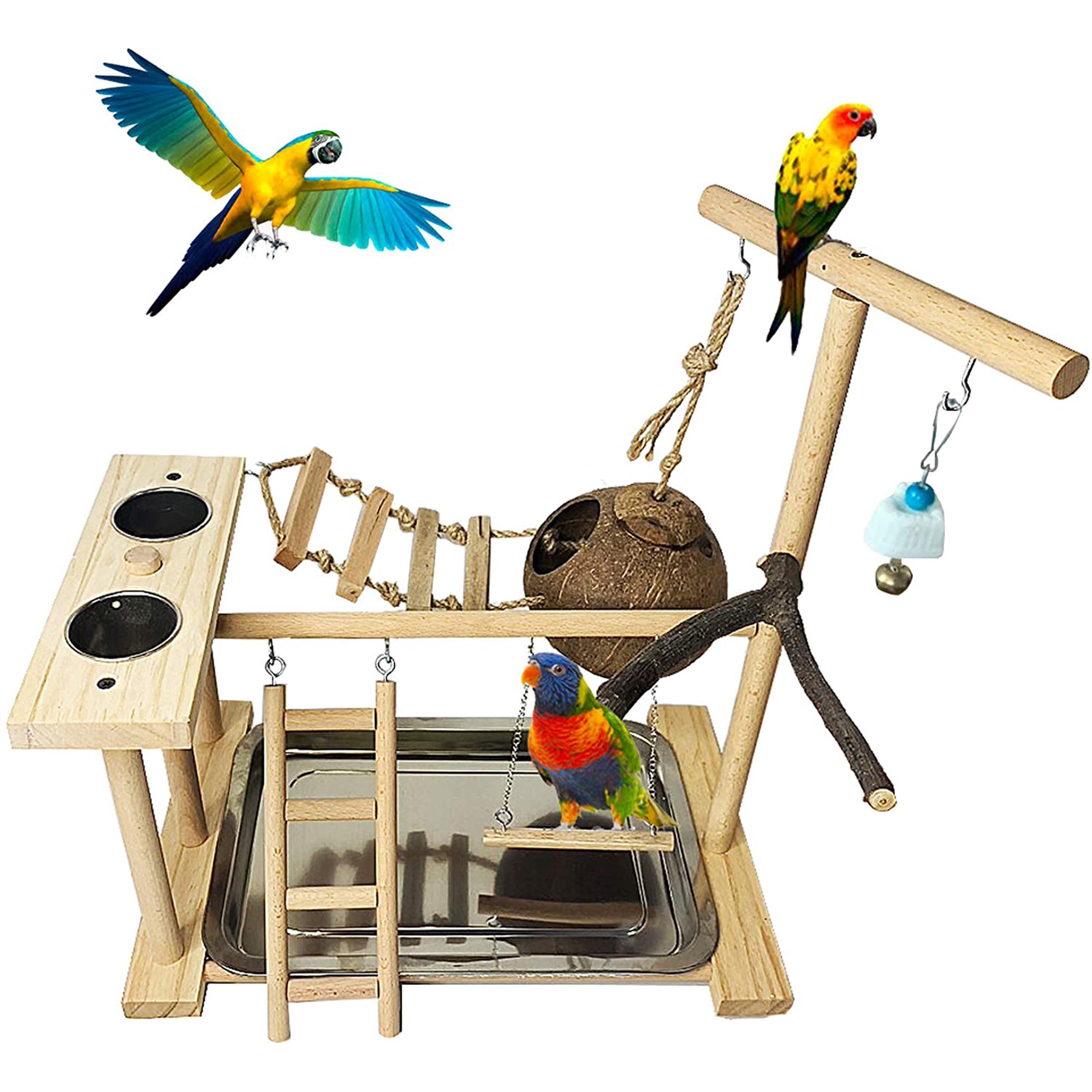 Parrot Playground Bird Play Stand Natural Wood Parrot Perch Gym with Feeder Cups Cockatiel Nest with Ladder Lovebirds Cage Accessories Toy Exercise Activity Center for Cockatiel Lovebirds