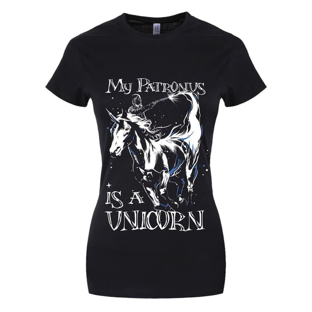 Grindstore - Camiseta ilustración divertida My Patronus Is A Unicorn para chica mujer (Negro)