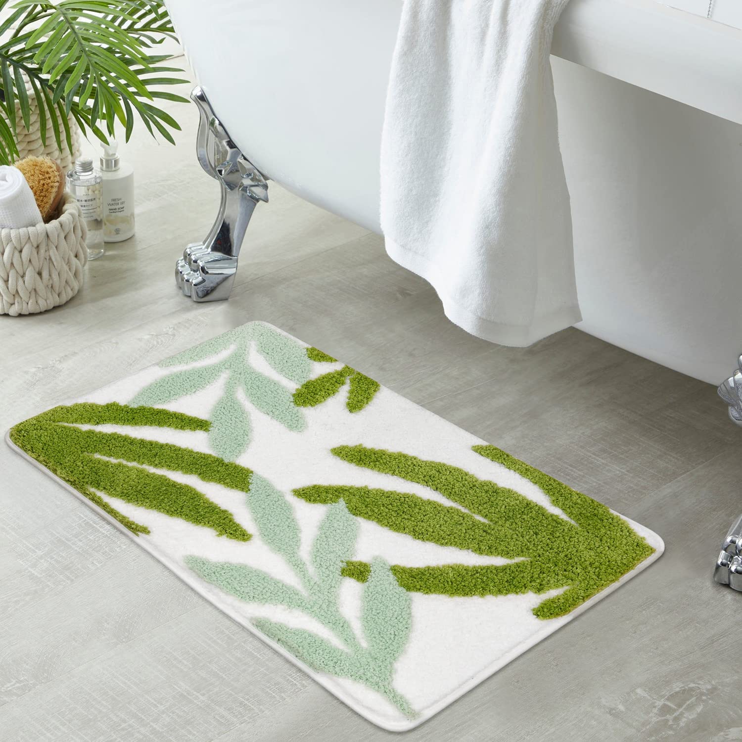 aoselan Bathroom Rugs Green Leaves Non Slip Bath Mat Water Absorbent
