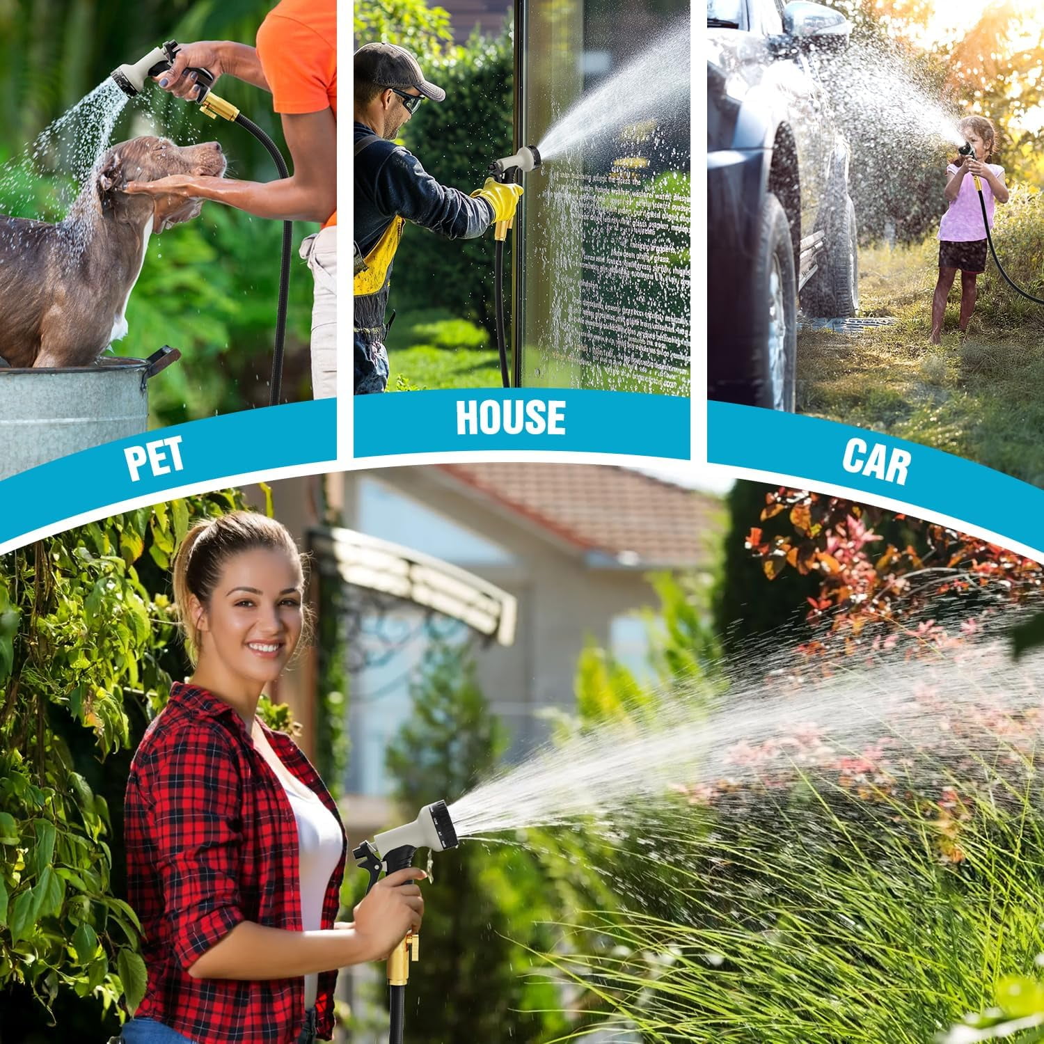 50ft Non-Expandable Garden Hose with 10-Function Nozzle, Kink-Free, Lightweight, Rust Proof for Yard, Car Wash, Lawn