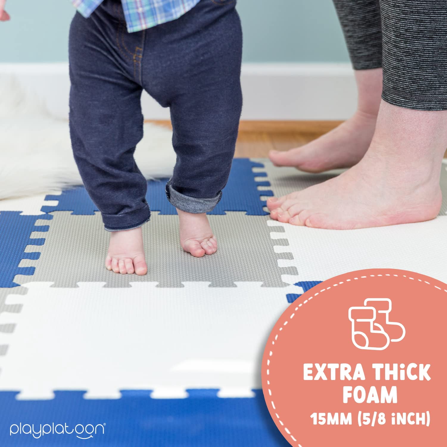 Play Platoon Non-Toxic Foam Puzzle Floor Mat, Comfortable, Extra Thick, Cushiony Exercise and Play Mat for Toddlers, Kids & Adults, 36 Tiles (12"x12"), Grey/Cream/Navy