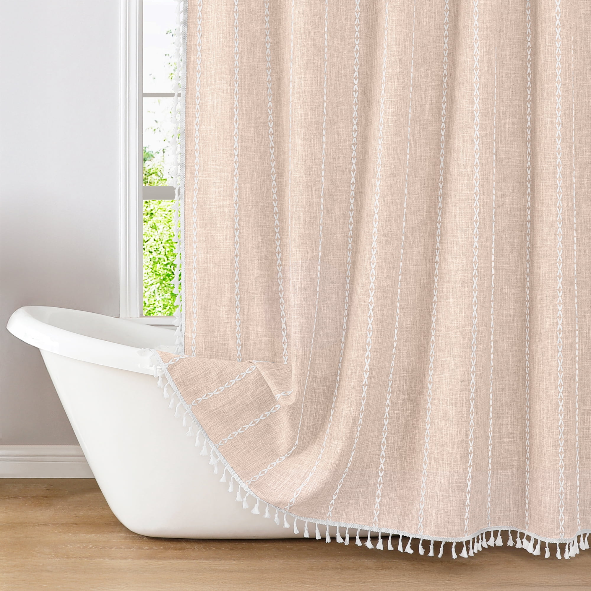 Americanflat 71x71 Woven Linen Pink Shower Curtain with Tassel Accents - Includes 12 Grommets and Hooks - 100% Polyester