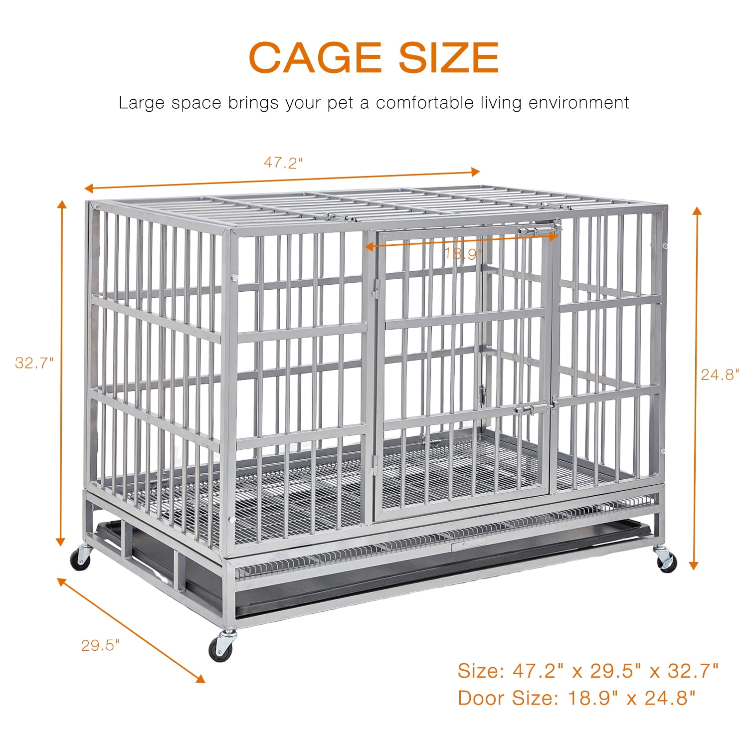 TIME RAY 48 inch Heavy Duty Dog Crate,Indestructible High Anxiety Dog Crate for Outdoor and Indoor with Lock, Double Door & Removable Tray, Silver