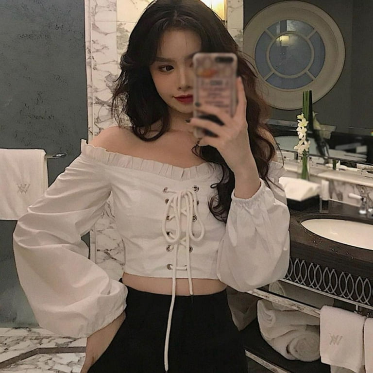 Women s One Neck Off Shoulder Strapless Short Shirt High Waist Casual Bubble Blouse