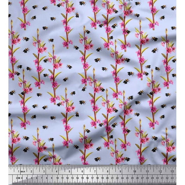 Soimoi Silk Fabric Leaves,Floral & Honey Bee Insects Decor Fabric Printed Yard 42 Inch Wide