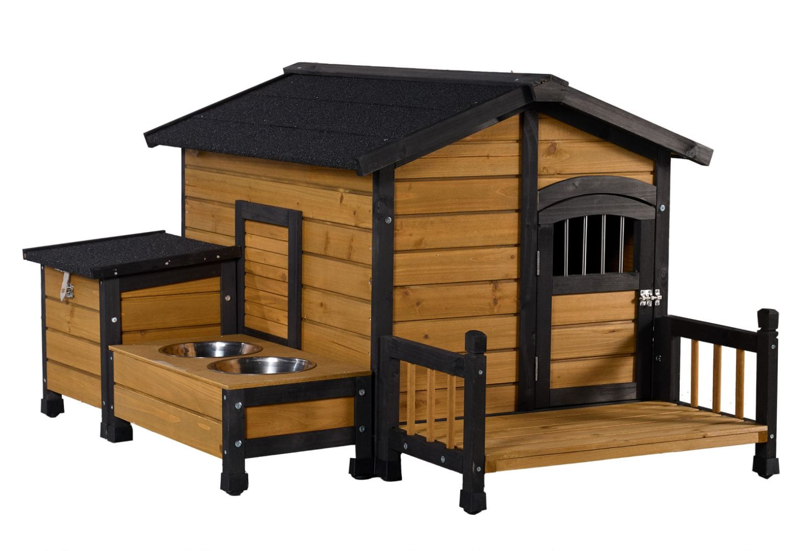 Large Wooden Dog House with Storage Box and Feeding Station, Outdoor Pet Kennel with Asphalt Roof, Porch, and Lockable Door Weatherproof Fir Wood Dog Home for Small to Medium Dogs