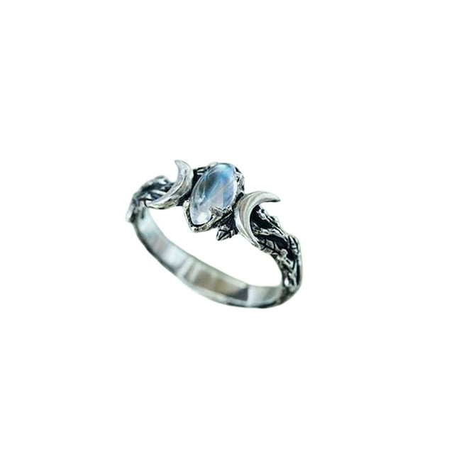 WREESH Double Moon Geometry Ring Gemstone Ring Bohemian Vintage Crescent Ring