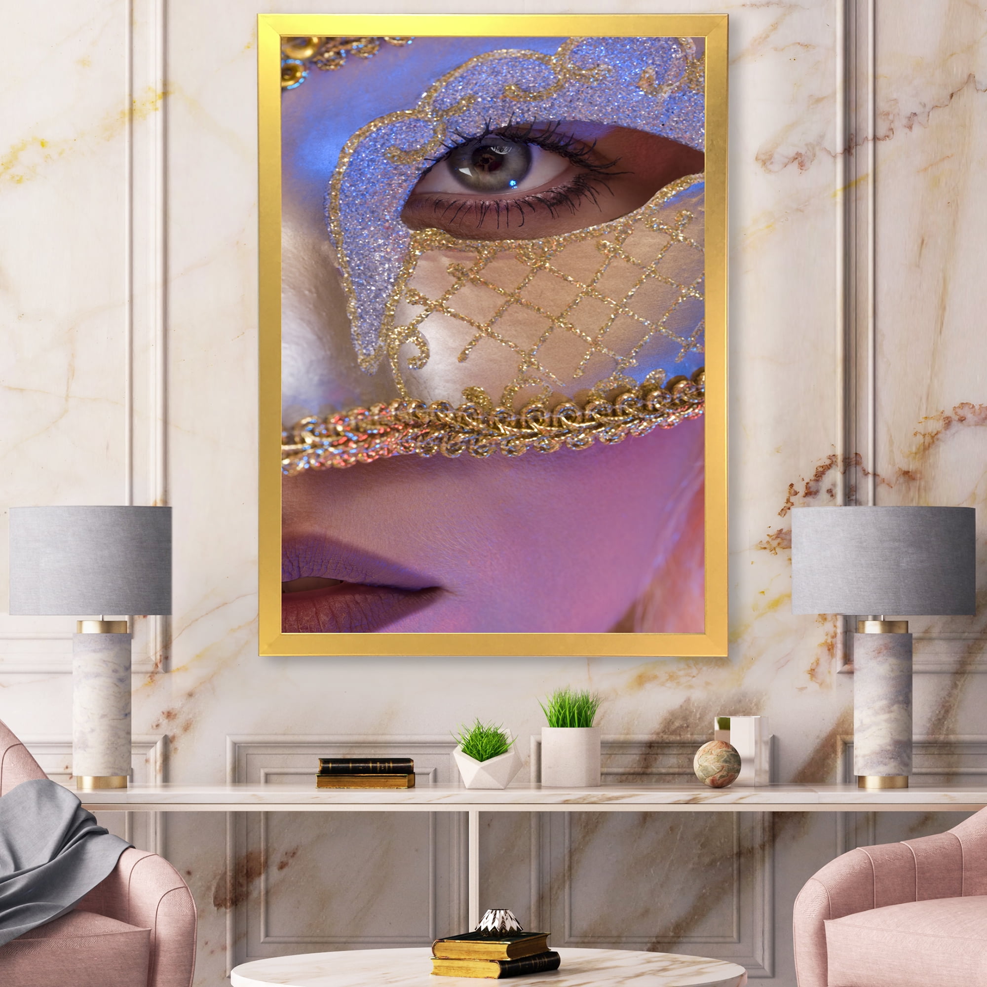 Designart 'Venetian Mask On Female Face' Modern Framed Art Print