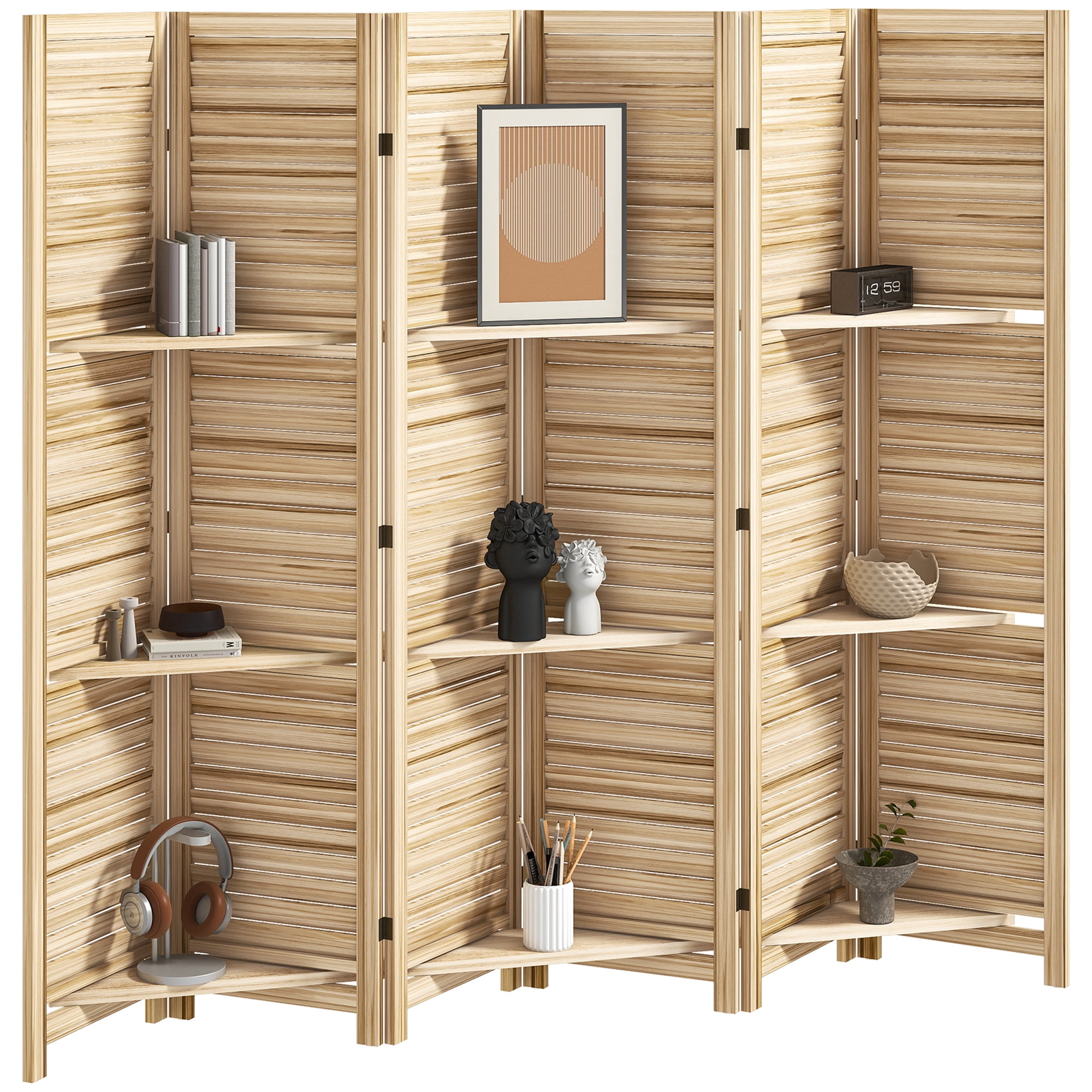 HOMCOM 6 Panel 67" Tall Wood Privacy Screen Room Divider with 3 Display Shelves, and Folding Storage for Bedroom or Home Office, Natural Wood