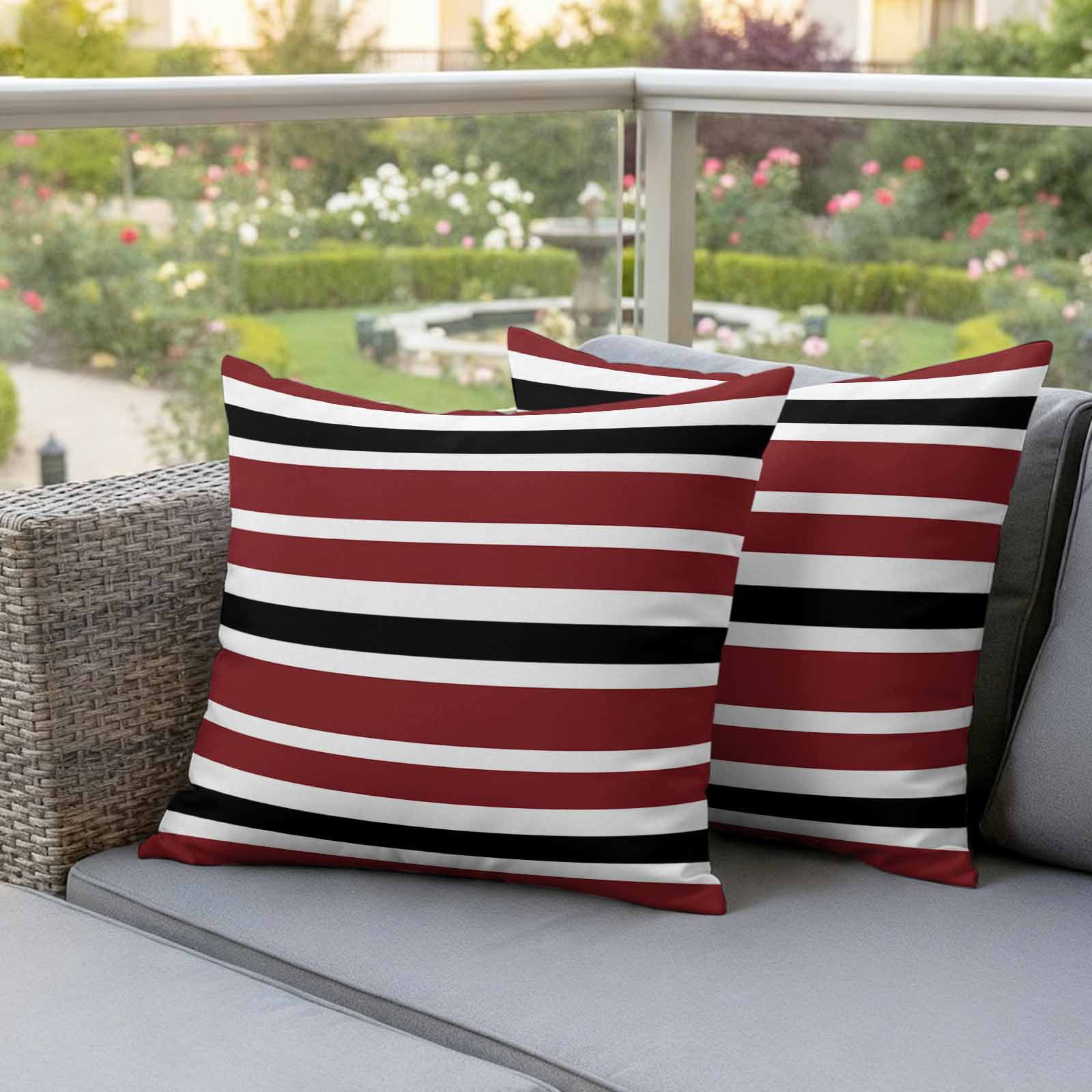 Outdoor Pillow Covers Vintage Burgundy Red Black White Stripes Waterproof Pillow Cases 18x18 Set of 2, Minimalist Line Throw Pillow Cover Pillowcase for Patio Balcony Couch Garden