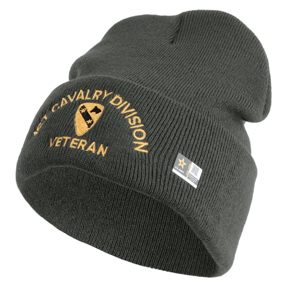 U.S. Army 1st Cavalry Division Logo Embroidered 12 Inch Solid Knit Cuff Long Beanie Made in USA - Charcoal OSFM