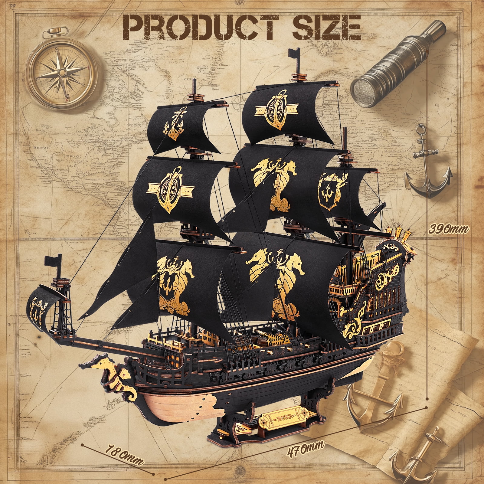 ROBOTIME Wooden 3D Puzzle - The Seahorse Barque, 1:100 Scale DIY Mechanical Building Kits Toys for Home Decor, Xmas Gifts for Adults Teens
