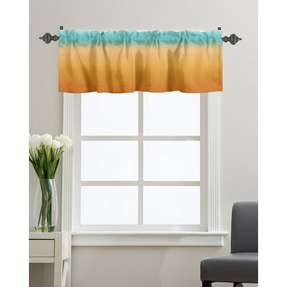 Kitchen Cafe Valance Curtain for Small Windows,Orange and Teal Color Ombre Rod Pocket Short Valances Stripe Minimalist Abstract Art Window Treatment Panel for Living Room/Bedroom/Bathroom,54x18in