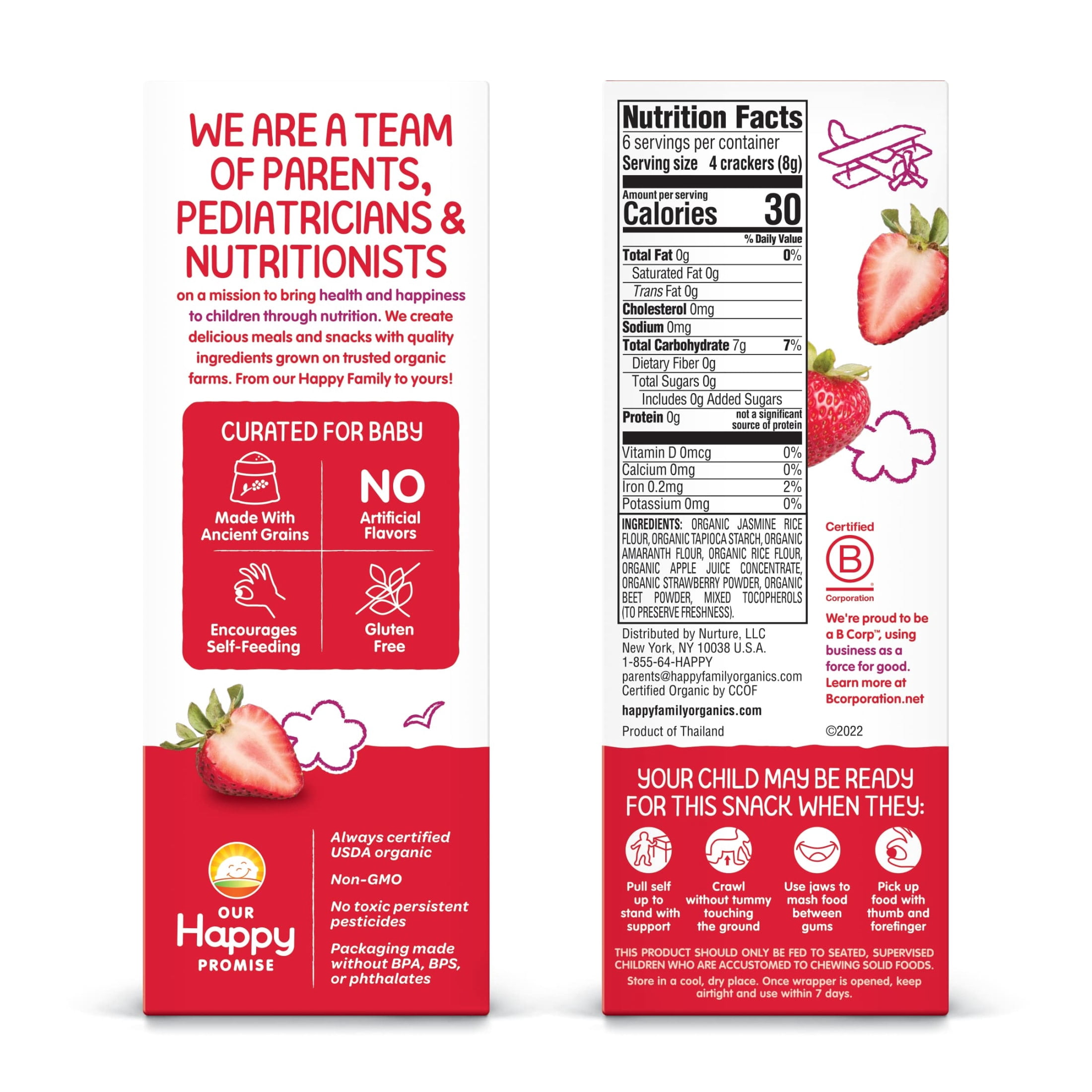 Happy Baby Organics Teether Crackers, Strawberry & Beet Organic Gluten Free Teething Snack, Box of 12-2packs (24 wafers)