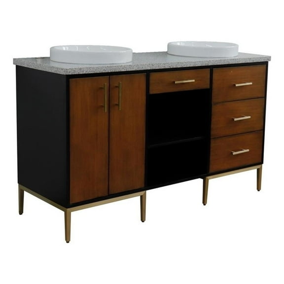 61 in. Double Wooden Vanity Walnut Black Gray Granite Round Sink