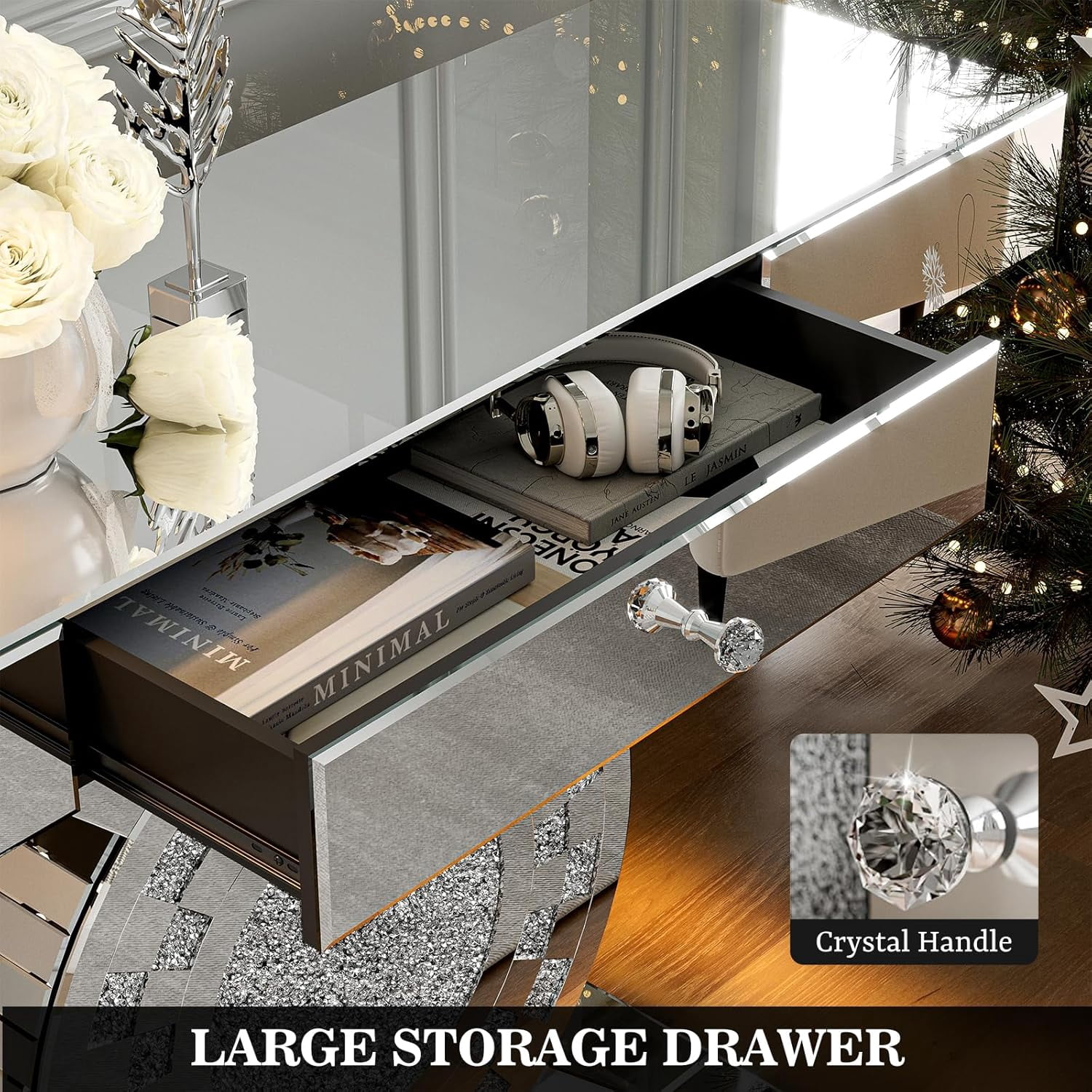 ARICOEASY Mirrored Console Table with LED Light and Storage Drawer, 47.2'' Long Entryway Sofa Table