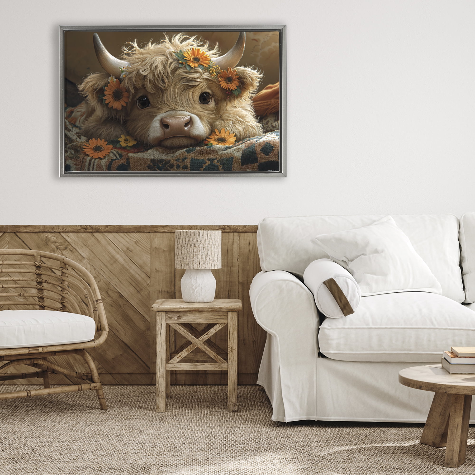 Adorable Flower Bedecked Cattle Gray Framed Floater Canvas Wall Art, design by Momart