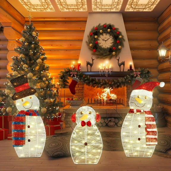 3-Piece 2D Outdoor Snowman with Hat and Shawls, Pre-Light Snowman Family with LED Lights, Christmas Decorations for Outside/Indoor/Holiday/Lawn/Yard