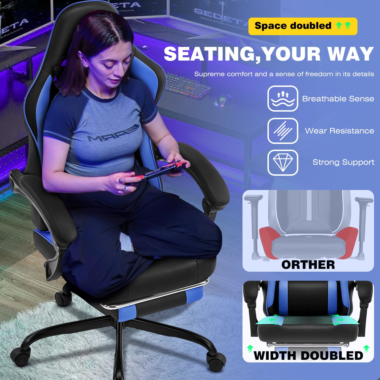 Falvinoryn Gaming Chair, Video Game Chair with Headrest and Lumbar Support,High Back Ergonomic Computer Chair with Footrest,Swivel Desk Office Chair, Blue