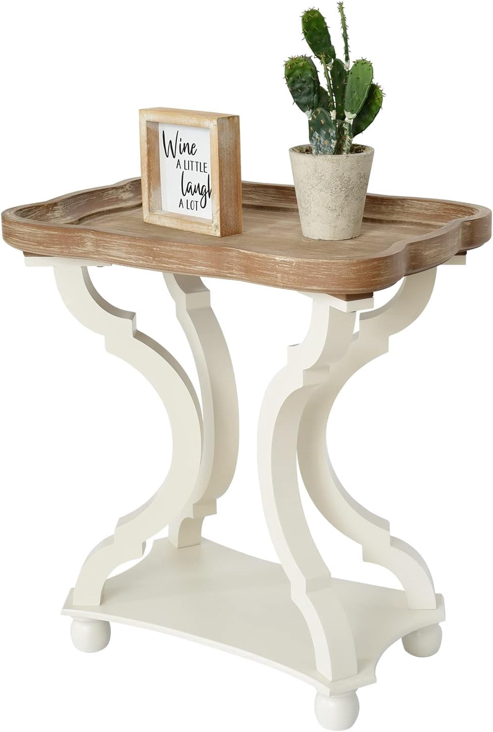 Kinbor Accent Wood Farmhouse End Table Side Tables Nightstand Natural Tray Top and Legs, White