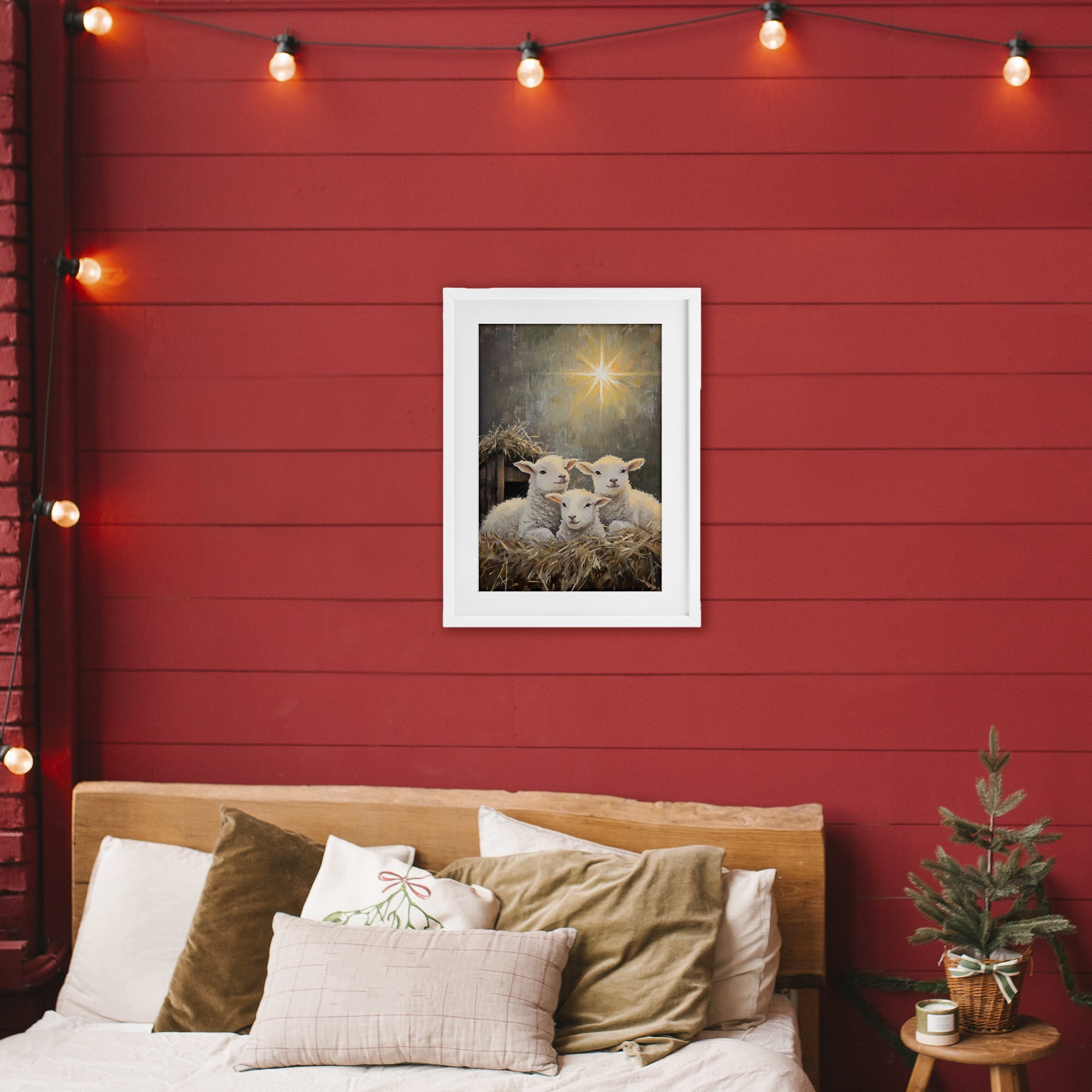 Festive Lambs in Stable White Framed Print Under Glass, design by Petal Prints Design