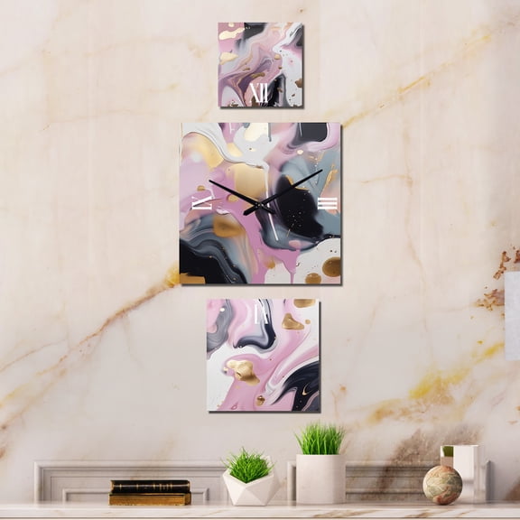 Designart "Swirls in Gold and Pink Ink V" Marble Oversized Wall Clock - Set Of 3 - Multipanel Contemporary Clock For Living Room Décor - Large Vertical Clock