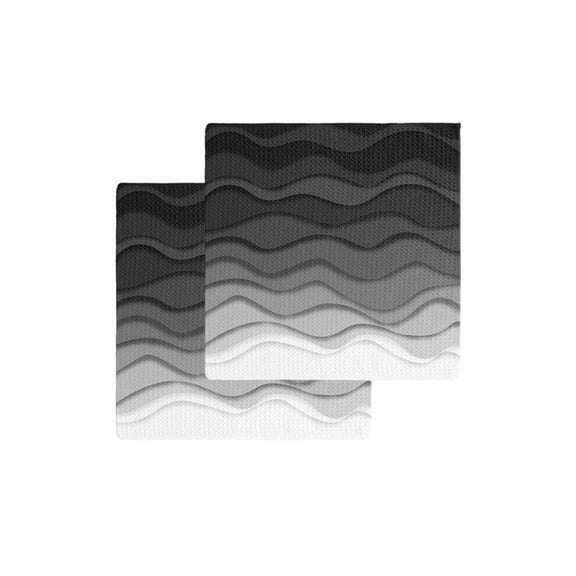 Black Ombre Stripes Kitchen Dish Towels for Drying Dishes Set of 2, Modern Abstract Sea Waves Spray Art Waffle Weave Microfiber Terry Hand Tea Bathroom Towels Quick Dry & Absorbent Towel 12x12