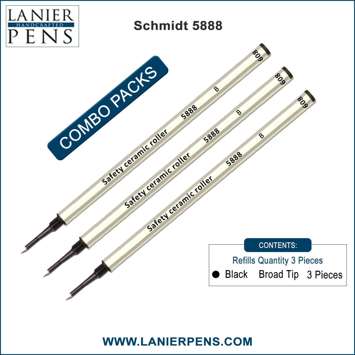 3X Schmidt 5888 B Safety Ceramic Rollerball Metal Refill Black Broad Tip
