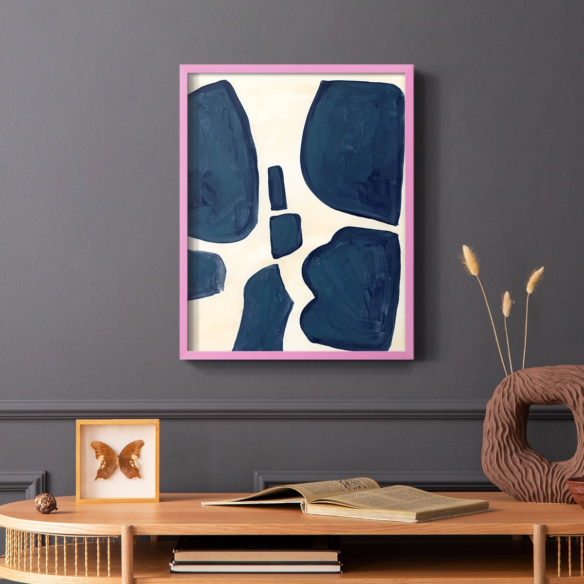 Blue Pieces II Framed Print in Pink Solid Wood Framed Print No Nail Hanging