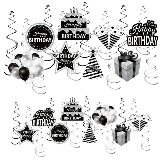 30Pcs Black White Silver Birthday Hanging Swirls Decorations for Women
