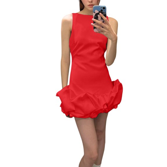 Women Ruffle Bubble for Mini Dress Sleeveless Ruched Hem Bodycon Dresses Tank Short Dress Red XS