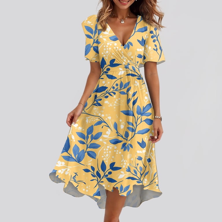 dress designs that are slimming Women's Slimming Design Dress Floral Printed Short Sleeves Long Dress  V-neck Sexy Casual Loose Dress Beach Holiday Dresses Female Elegant  Atmospheric Straight Evening Dress Yellow M