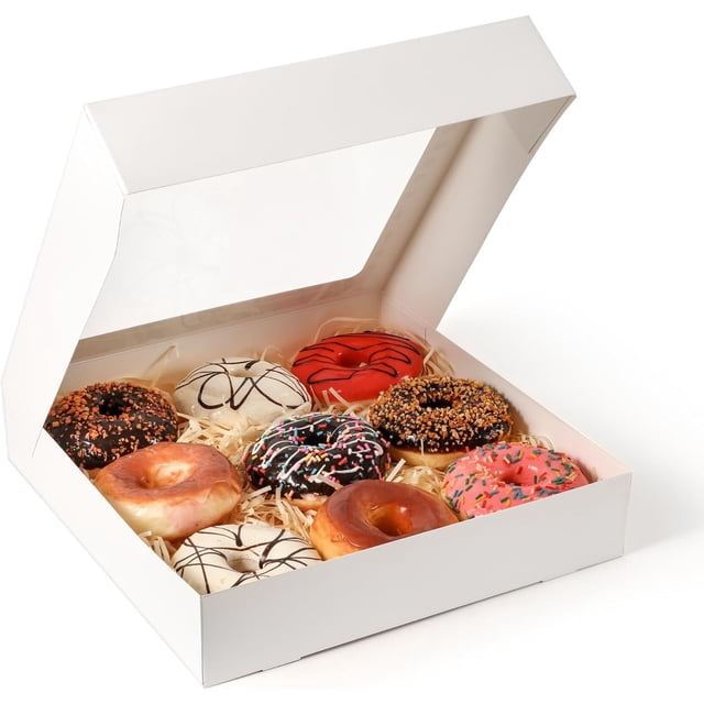Paquete de 25 cajas para tartas, cajas de panadería blancas con ventana, cajas automáticas para donas, galletas, pasteles, ideal para fiestas, Navidad, día de