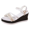 thumbnail image 5 of Rokment Womens Pearl Rhinestones Charms Platform Wedge Dressy Sandals Elegant Leather Chunky High Heels Bride Wedding Fashion Casual Dress Summer Shoes White Size 8.5, 5 of 6