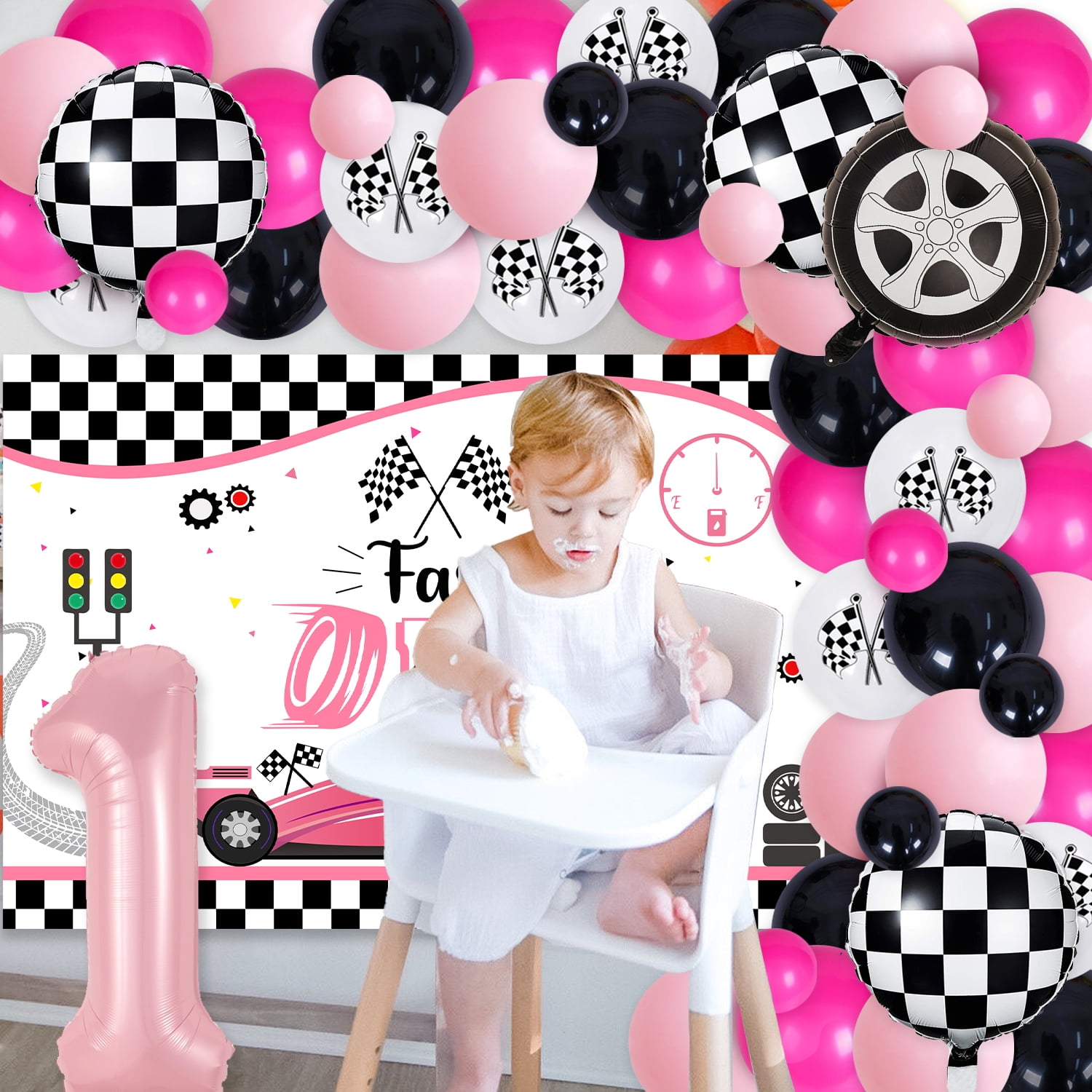 Race Car Theme 1st Birthday Party Decorations for Girls, Fast One Birthday Party Supplies, Pink Lattice Balloon Garland Arch Kit and Fast One Backdrop for Racing Car First Birthday Party