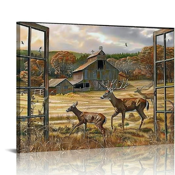 JEUXUS Farmhouse Deer Canvas Wall Art Country Wildlife Elk Rustic Old Barn Truck Wall Decor Vintage Deer Painting Picture Prints Framed Modern Artwork for Home Living Room Bedroom Bathroom