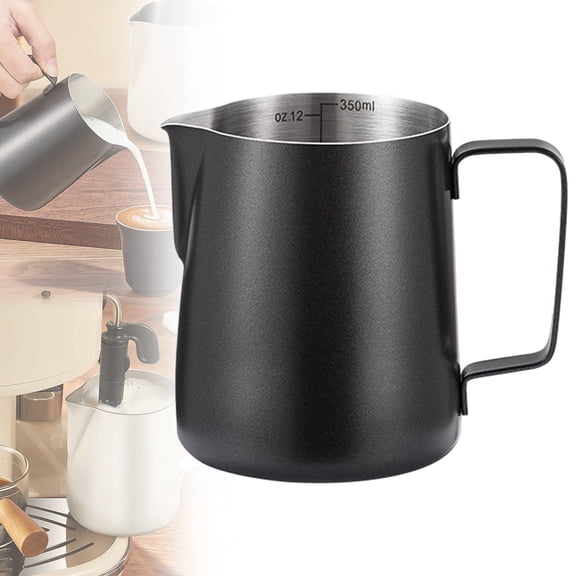 Milk Frothing Pitcher 12oz/350ml,Espresso Steaming Pitcher for Cappuccino, Latte Art,Coffee Machine Accessories Milk Jug Coffee Frother Cup, 3.66"×2.95"×2.87",1PC (Black)
