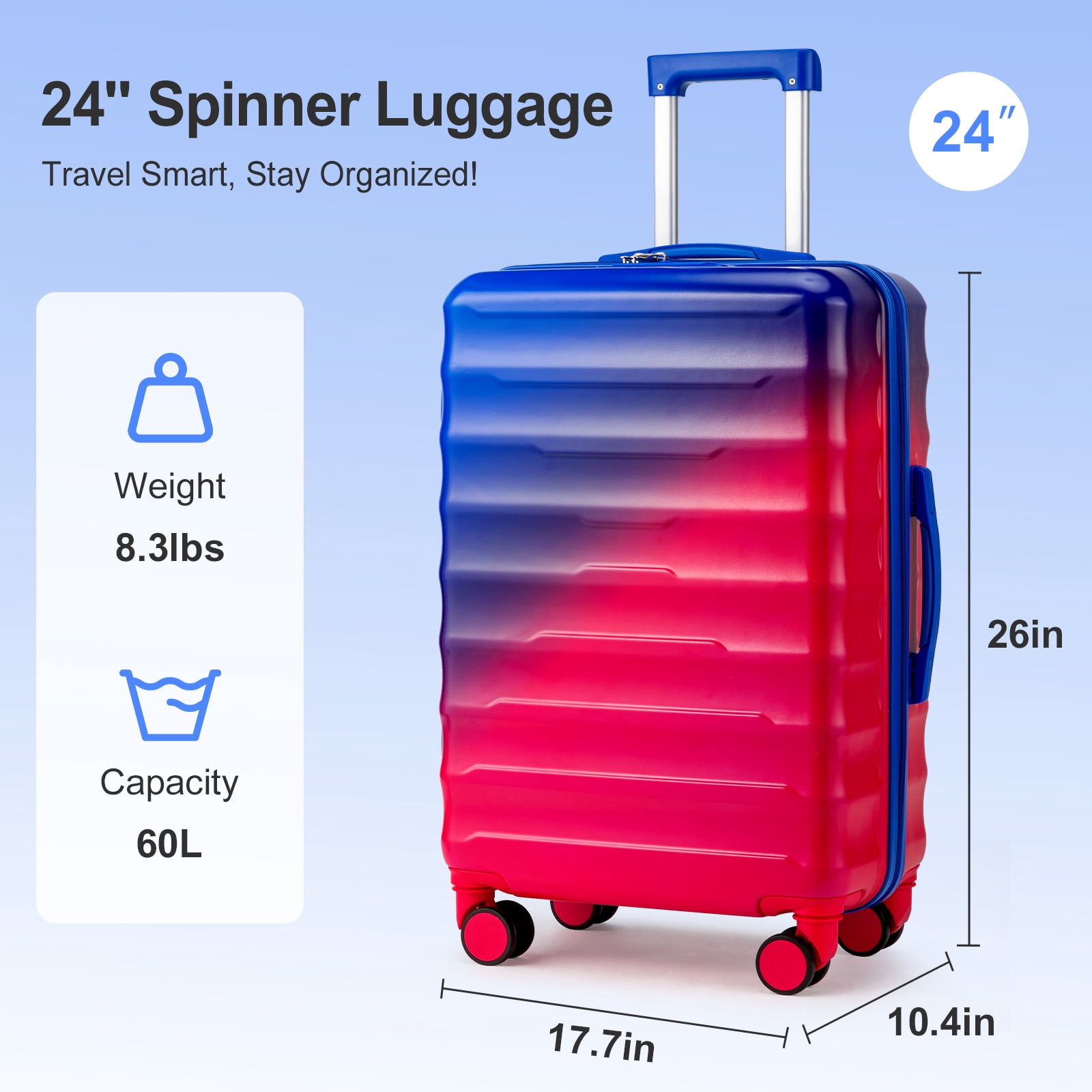 Zimtown 24" Luggage with Hardside Spinner Wheels, Checked-Medium TSA Look Suitcase, Blue Red Gradient