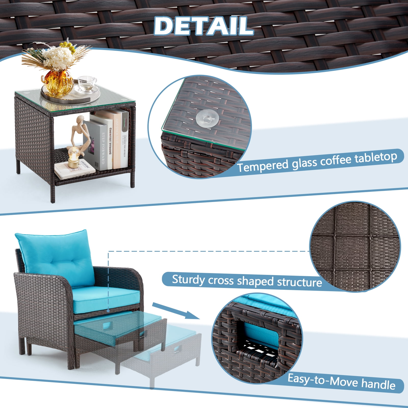 AVAWING 5 Pieces Patio Furniture Set, Outdoor Wicker Rattan Conversation Set with Ottoman & Table for Garden, Blue